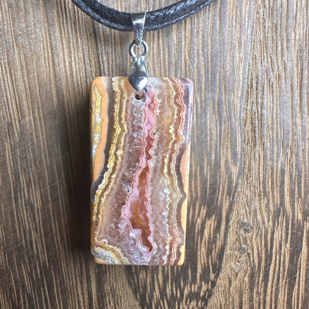 Crazy Lace Agate Rectangle Pendant Necklace on Black Rope - Picture 7 of 15